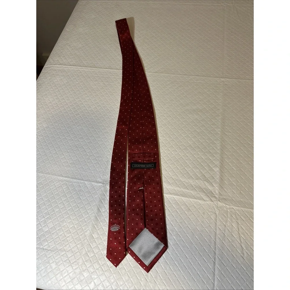 Countess Mara Necktie MARA 100% Silk Red Ivory Polka Dot‎ Textured Weave Tie